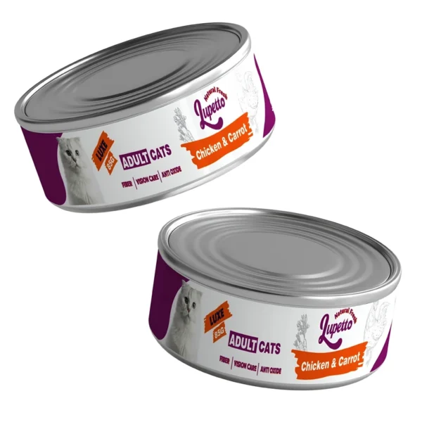 کنسرو گربه بالغ لوپتو Lupetto Canned LUXE بسته 6 عددی--4 کنسرو غذای گربه بالغ لوپتو مدل لوکس طعم هویج، ماهی، گوشت وزن 510 گرم مجموعه 6 عددی